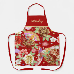 Delantal Patrón de arte rojo floral japonés