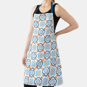 Delantal Patrón de azulejos españoles azul y naranja medite