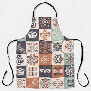 Delantal Patrón de Azulejos Retro Azul, Blanco y naranja L