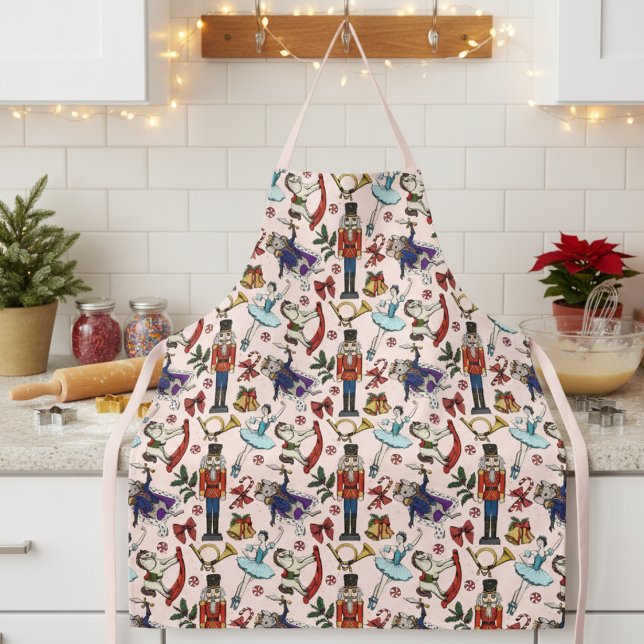 Delantal Patrón de Ballet de Cascanueces de Navidad Rosa Li (Festive Pink and Red Nutcracker Ballet Pattern Holiday Baking Apron for Her. )