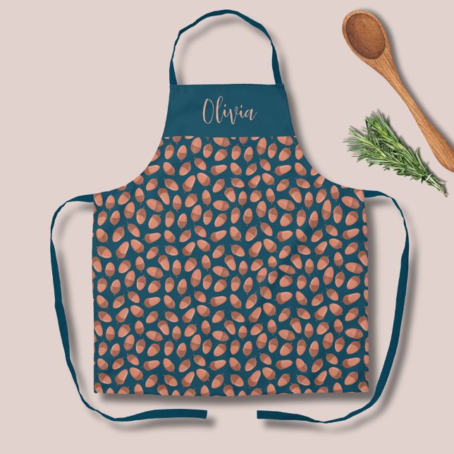 Delantal Patrón de bellota azul (Fall autumn acorn pattern kitchen apron.  Personalize with your own name or text.)
