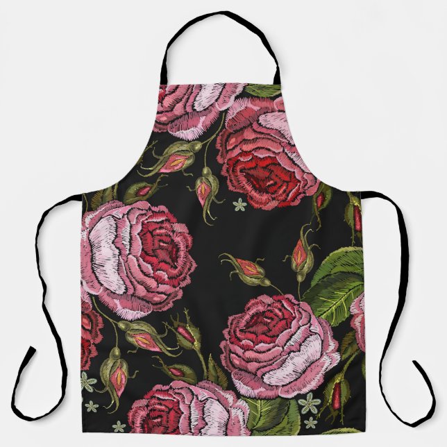 Delantal Patrón de bordado rosa rojo vintage (Anverso)