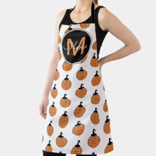 Delantal Patrón de calabaza rayada Monograma negro naranja