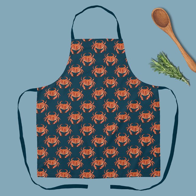 Delantal Patrón de cangrejo a orillas del mar (Brown crab patterned kitchen apron.  Matching items available for kitchen and dining.)