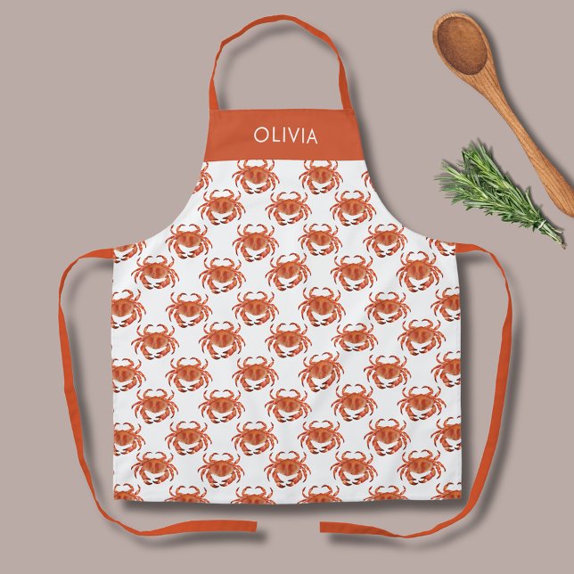 Delantal Patrón de cangrejo de mar Nombre personalizado Apr (Brown crab crustacean patterned apron.  Personalize with your own name or choice of text.)