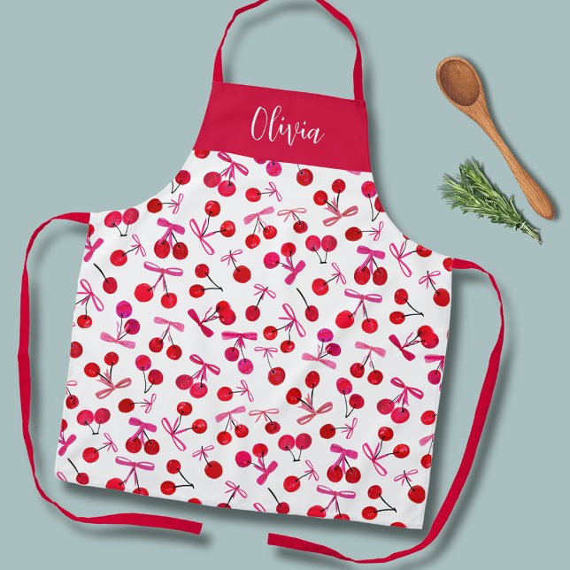 Delantal Patrón de cerezo y arco (Coquette cherry and bow girly pattern kitchen apron.  Personalize with your own name or initials.)