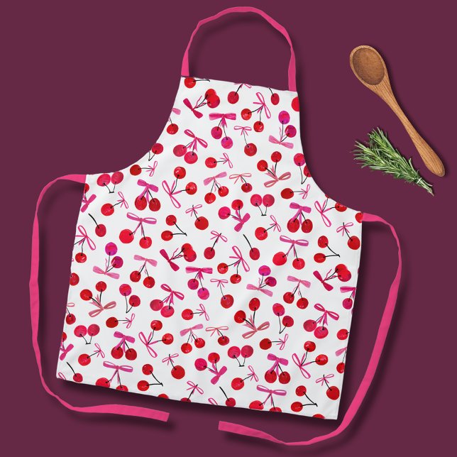 Delantal Patrón de cerezo y arco (Coquette cherry and bow girly pattern kitchen apron. )