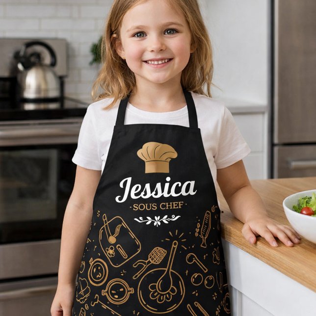 Delantal Patrón de cocina de Sous Chef sofisticado con dora (Personalized sous chef kids apron with elegant gold kitchen pattern)