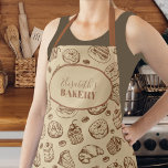 Delantal Patrón de cookies de época de cocción personalizad<br><div class="desc">Elegante delantal de panadería de estilo vintage con chocolate beige y marrón con pasteles, donouts y ilustraciones variados de galletas. Fácil de personalizar con tu nombre y tu texto! Puede ser un regalo inspirado y personalizado para la madre, la abuela, la novia, o un amante de la cocina o la...</div>