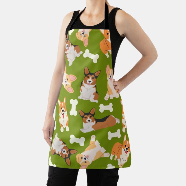 Delantal Patrón de corgi corto verde (in situ)