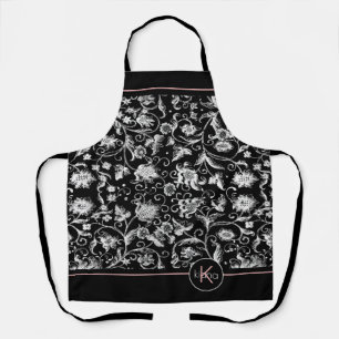 Delantal Patrón de Damasco Floral Monograma blanco/Cualquie