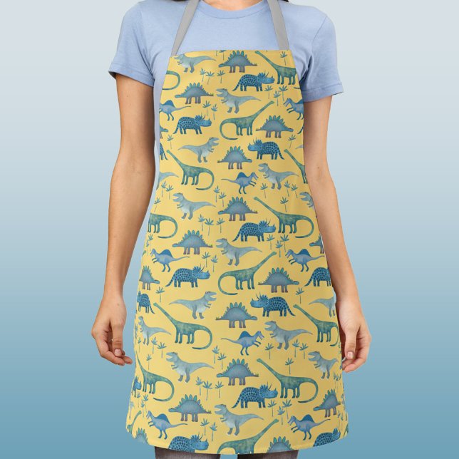 Delantal Patrón de dinosaurios (Blue dinosaurs on a yellow background patterned apron)