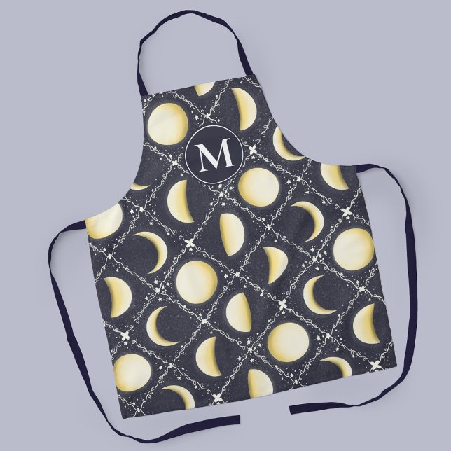 Delantal Patrón de fases celestes de la luna (Monogram Celestial Moon Phases Pattern Apron)