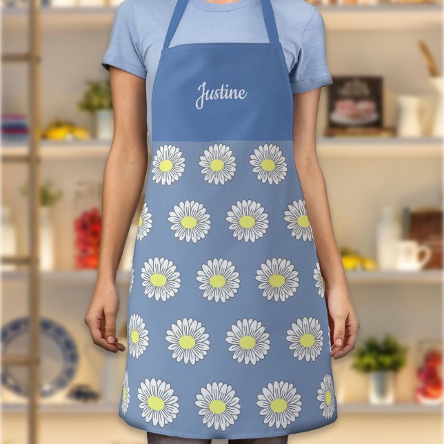 Delantal Patrón de flores de margarita botánica Apron azul (Daisy Flower Blue Apron)