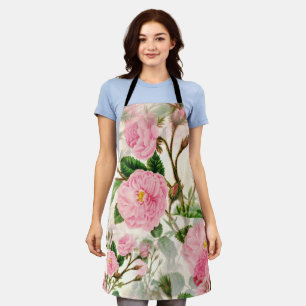 Delantal Patrón de flores, hojas y barras rosadas