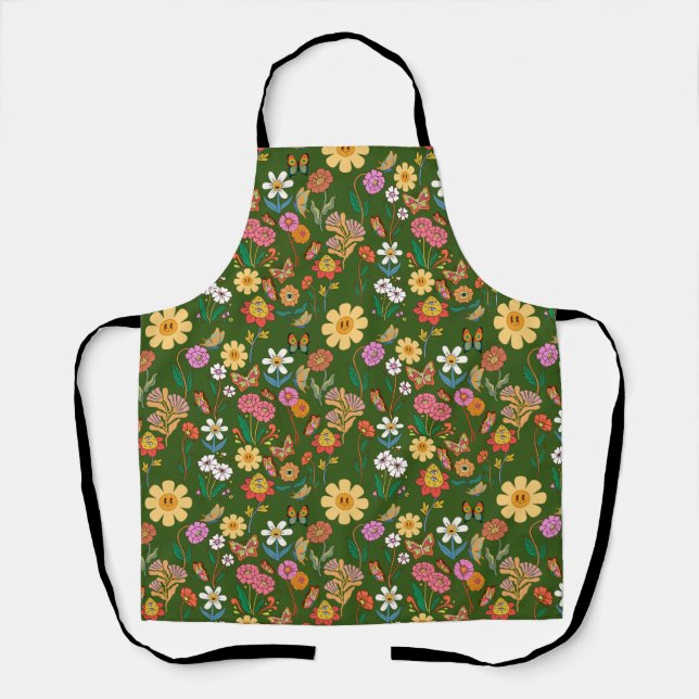 Delantal Patrón de flores psicodélicas Estilo Retro D Verde (Anverso)