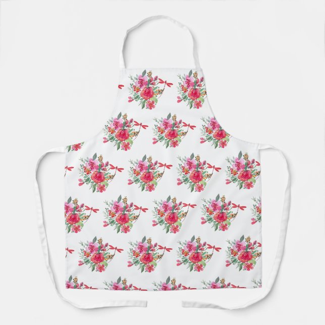 Delantal Patrón de flores rosadas y libélulas (Anverso)