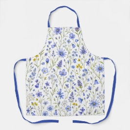 Delantal Patrón de flores silvestres acuarela azul amarillo