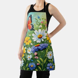 Delantal Patrón de flores vibrantes de primavera en acuarel