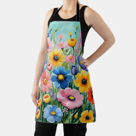 Delantal Patrón de flores vibrantes de primavera en acuarel