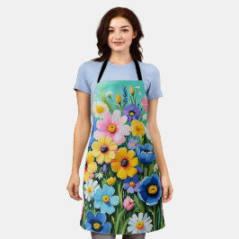 Delantal Patrón de flores vibrantes de primavera en acuarel