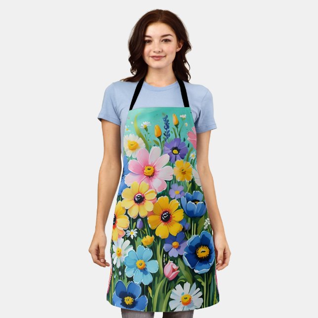 Delantal Patrón de flores vibrantes de primavera en acuarel (Gastado)