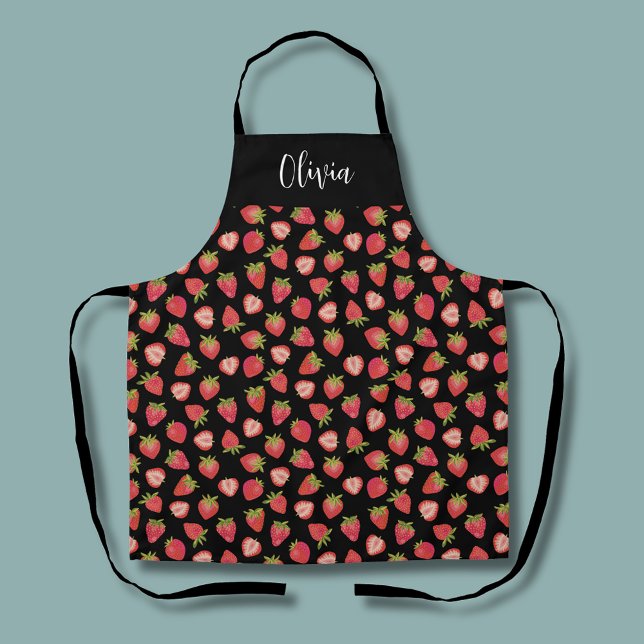 Delantal Patrón de fresa divertida (Strawberry pattern personalized name apron.  Matching kitchen and homeware range available.)