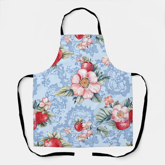 Delantal Patrón de fresas y flores vintage (Anverso)