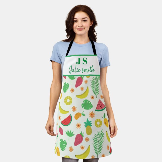 Delantal Patrón de frutas tropicales de verano con monogram (Gastado)