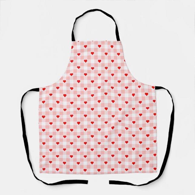 Delantal Patrón de gingham a cuadros con corazón rosa retro (Anverso)