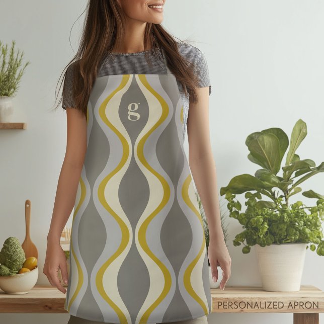 Delantal patrón de groovía retro - monograma - taupe dorado (Personalized Apron)