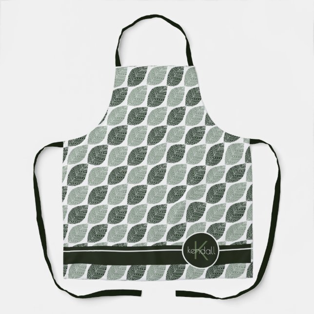 Delantal Patrón de hoja estilizada Monograma Green ID707 (Anverso)