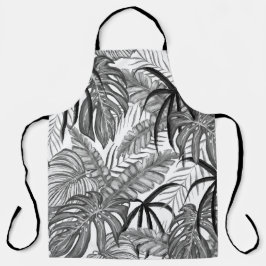 Delantal Patrón de Hojas Tropicales Monocromo | Negro Elega