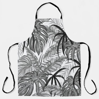 Delantal Patrón de Hojas Tropicales Monocromo | Negro Elega