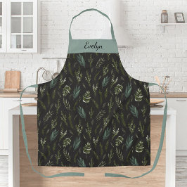 Delantal Patrón de hojas verdes botánicas florales monogram