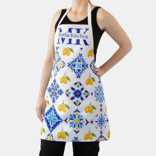 Delantal Patrón de limón de país francés azul Monograma nom