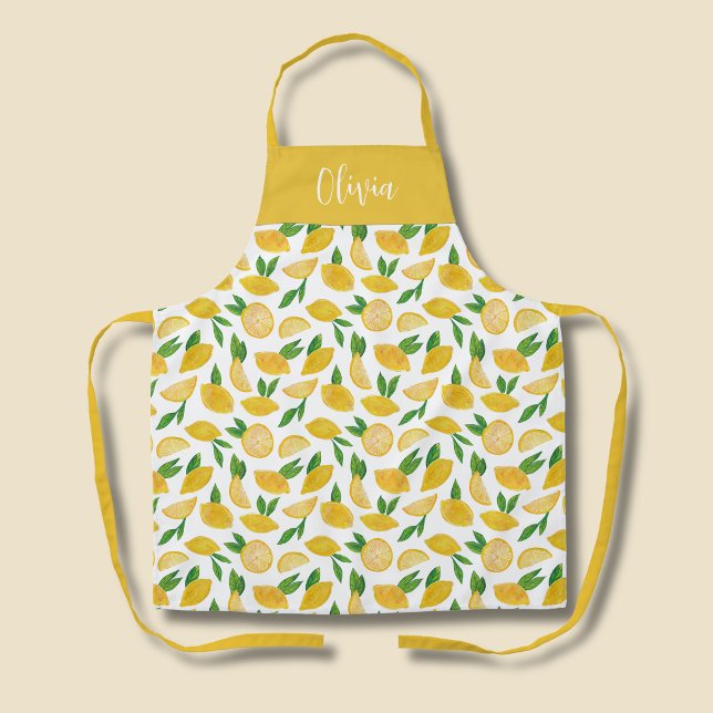 Delantal patrón de limón mediterráneo (Personlized kitchen apron in citrus lemon pattern)