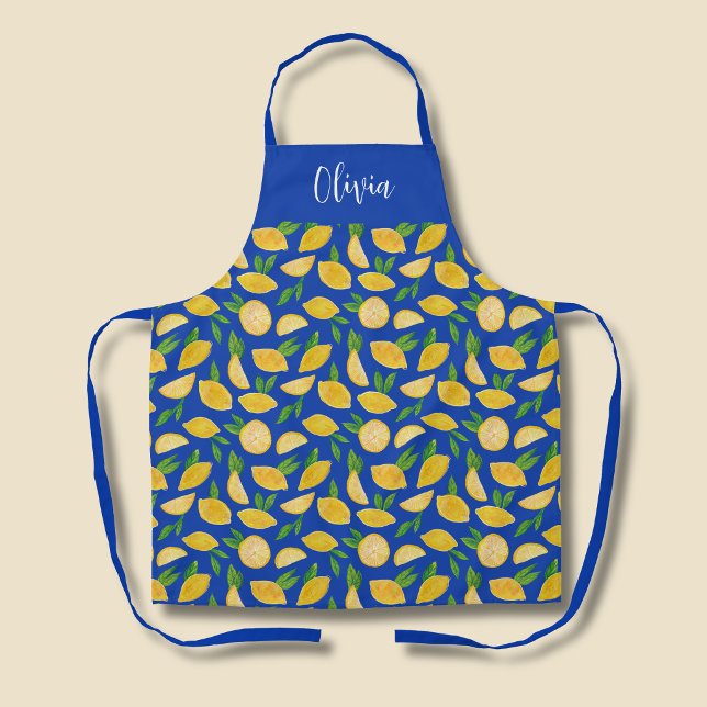 Delantal patrón de limón mediterráneo (Citrus lemon blue pattern personalised kitchen apron)
