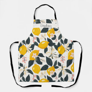 Delantal Patrón de limón y flores rosadas vintage