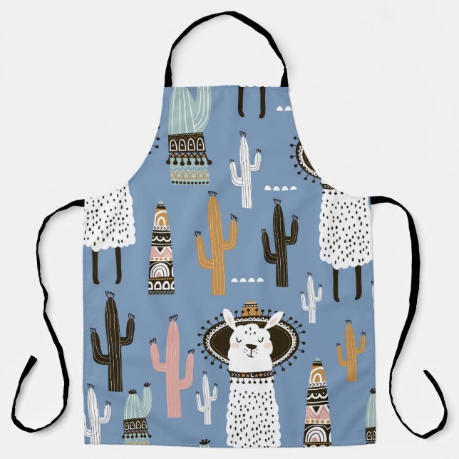 Delantal Patrón de Llama, Cactus, Elementos dibujados a man (Anverso)