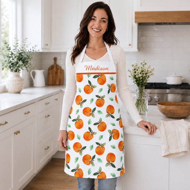 Delantal Patrón de Melocotón (elegant cute whimsical orange peach apron with custom monogram name)