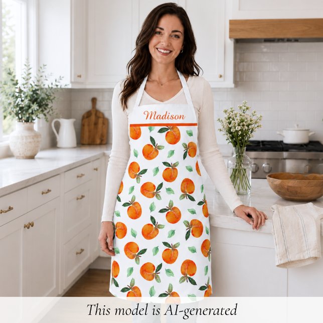 Delantal Patrón de Melocotón (elegant cute whimsical orange peach apron with custom monogram name)