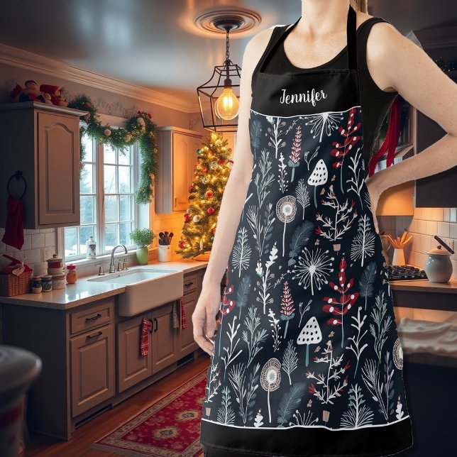 Delantal Patrón de navidades florales de acuarela moderna (Modern watercolor floral flowers christmas pattern apron. You can add your own name.)