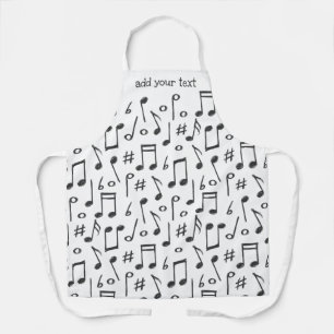 Delantal Patrón de notas musicales divertidas en blanco y n