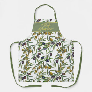 Delantal Patrón de olivo en acuarela verde salvia estilo fr