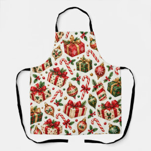 Delantal Patrón de regalos y adornos de Navidad en acuarela