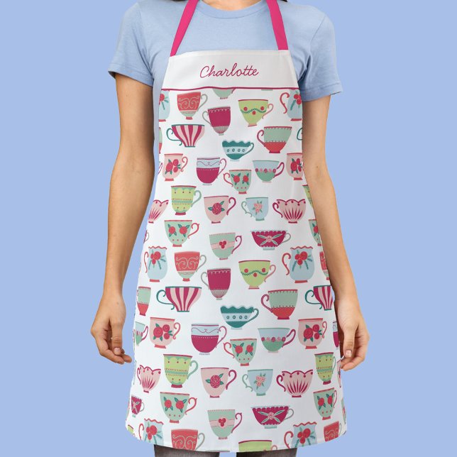 Delantal Patrón de Tea Cup personalizado (Personalized script name fun vintage teacup apron)