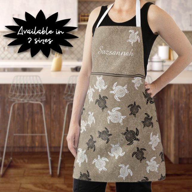 Delantal Patrón de tortugas de arte tribal blanco y negro p (This black and white tribal turtle art apron is good for gardening, baking, cooking or crafting.)