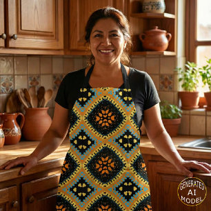 Delantal Patrón Étnico Boho Naranja Turquesa Negro