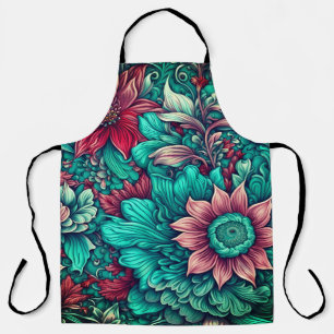 Delantal Patrón floral, acuático, Verde azulado, turquesa y
